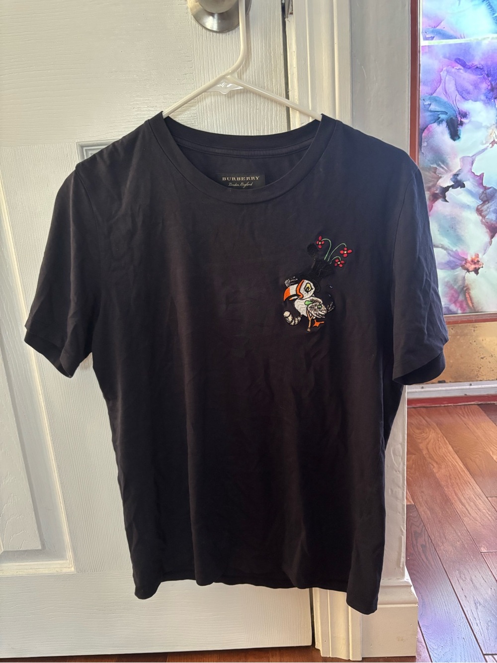 Burberry Black Short Sleeve T-Shirt with Puffin Embroidery